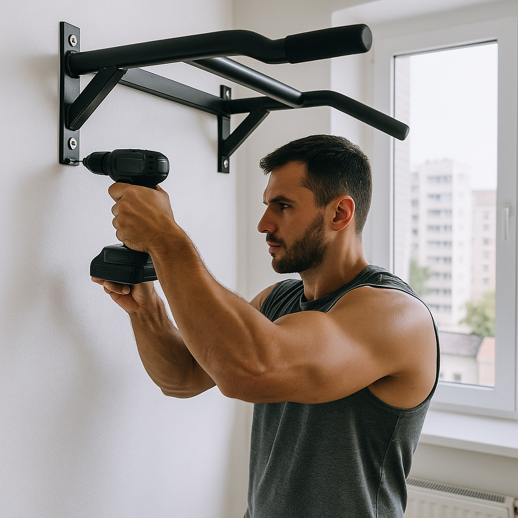 Installation barre de traction murale dans un appartement par un homme musclé