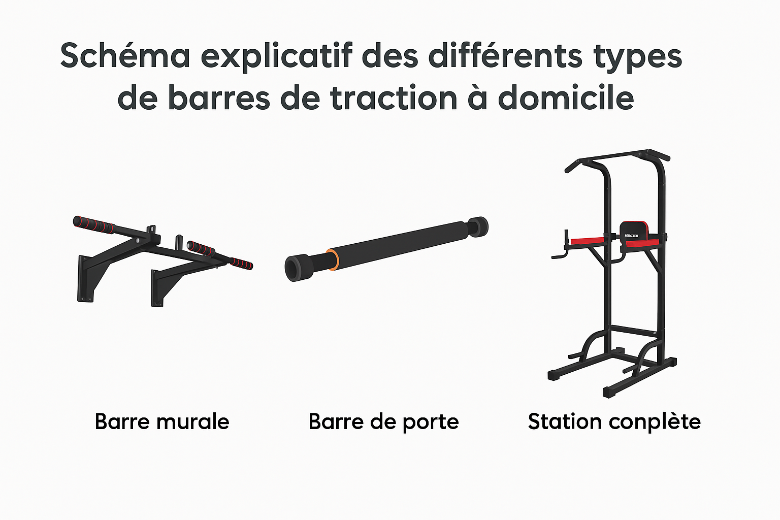 Différents types de barres de traction : murale, sans perçage, ventouse et station complète