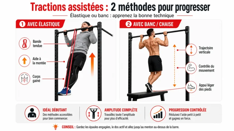 Infographie montrant 2 méthodes de traction assistée pour progresser : avec élastique et avec banc ou chaise.
