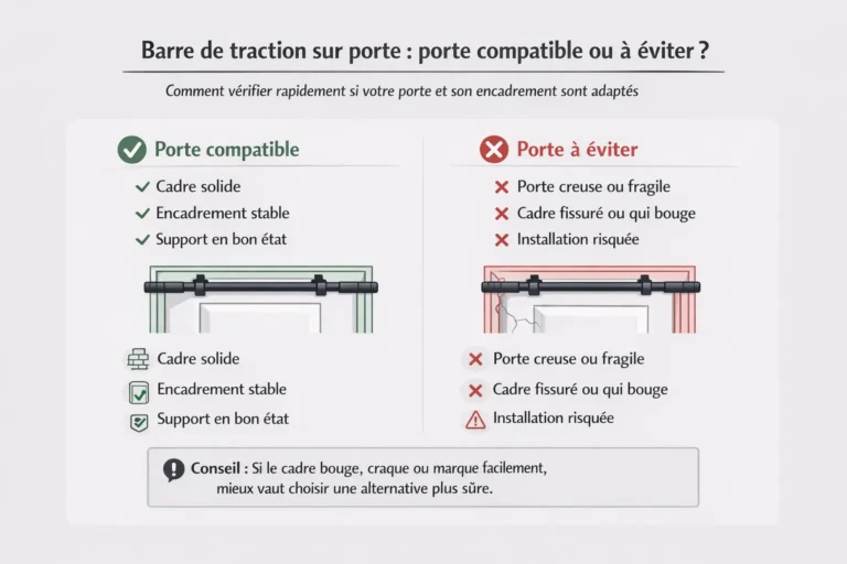 Schéma comparatif montrant une porte compatible et une porte à éviter pour installer une barre de traction