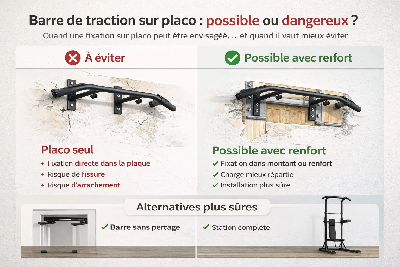 Barre de traction sur placo : fixation à éviter, fixation avec renfort et alternatives plus sûres