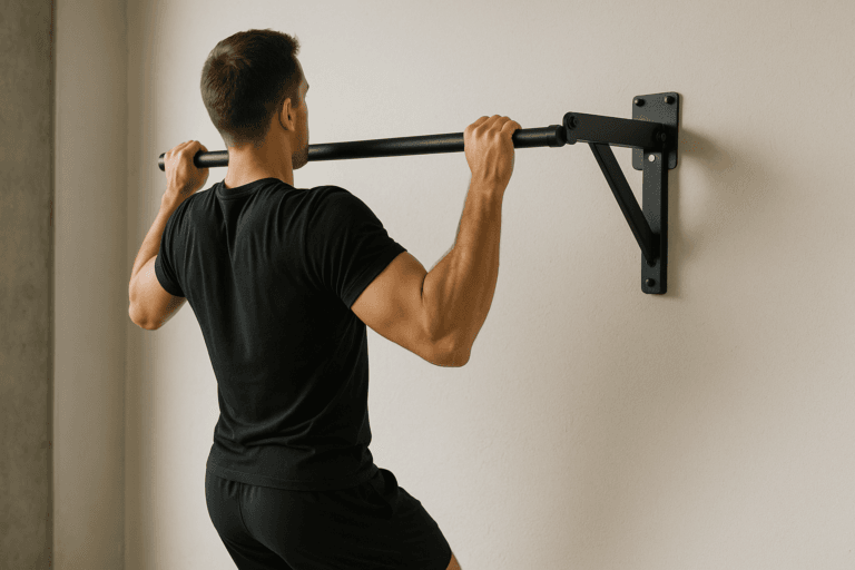 Illustration barre de traction murale pliable — scène d'utilisation réaliste