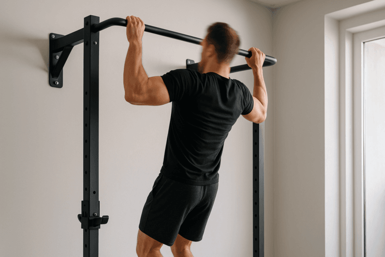 Illustration barre traction murale ou sur pied — scène d'utilisation réaliste