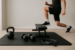 Illustration tapis home gym — scène d'utilisation réaliste