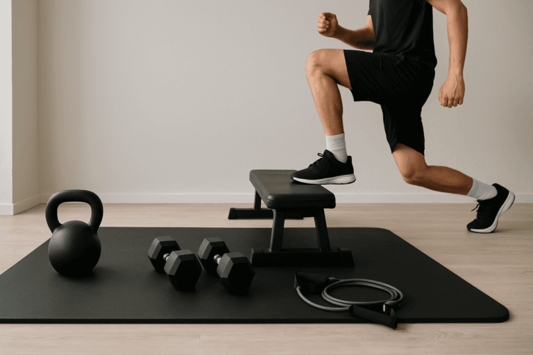 Illustration tapis home gym — scène d'utilisation réaliste