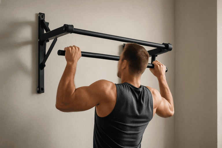 Illustration barre de traction murale pliable — scène d'utilisation réaliste