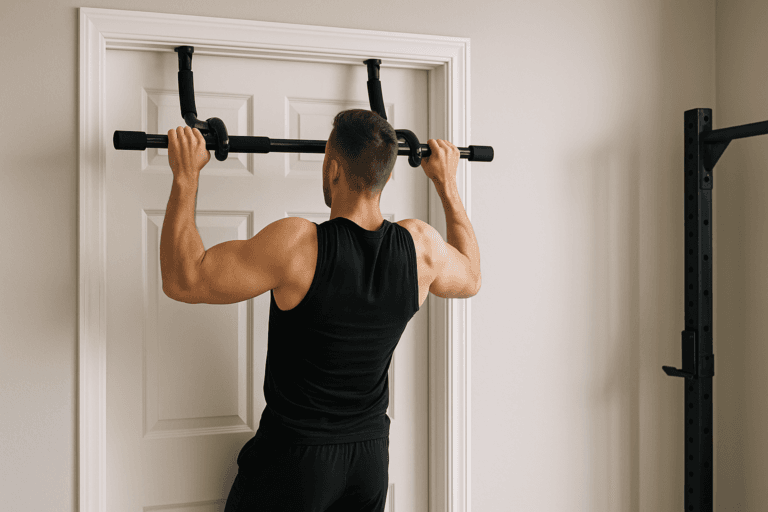 Illustration barre de traction sans perçage — scène d'utilisation réaliste