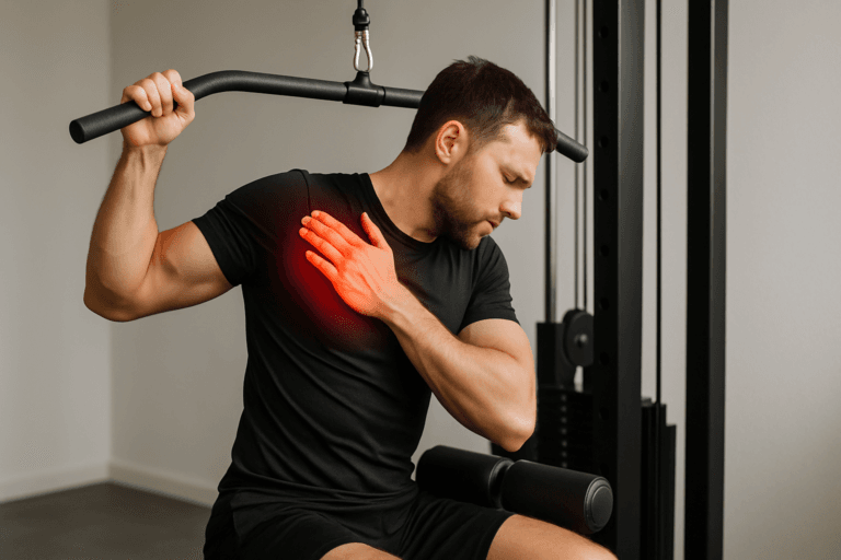 Illustration douleur epaule traction — scène d'utilisation réaliste