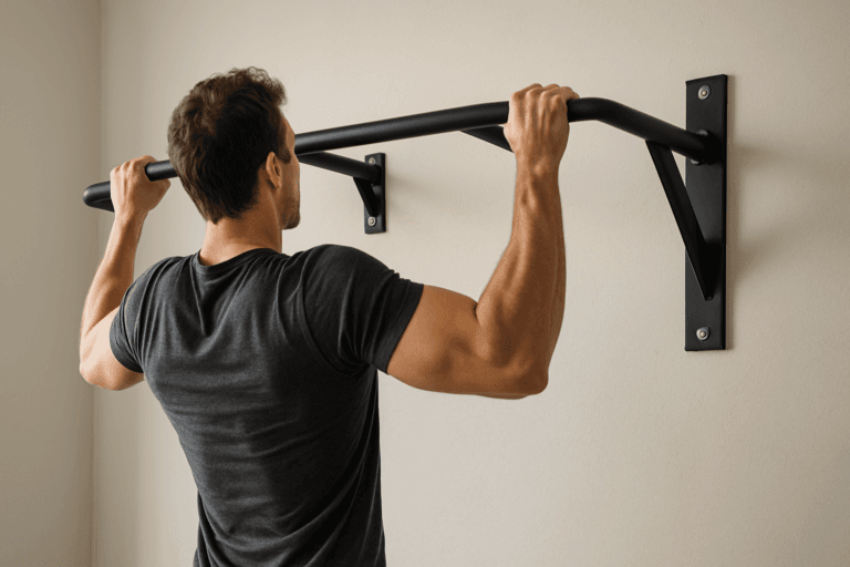 Illustration fixation barre de traction murale — scène d'utilisation réaliste