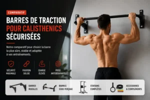 Athlète effectuant une traction sécurisée sur une barre de traction solide dans un intérieur domestique propre et lumineux, illustrant un équipement fiable pour le calisthenics à domicile.
