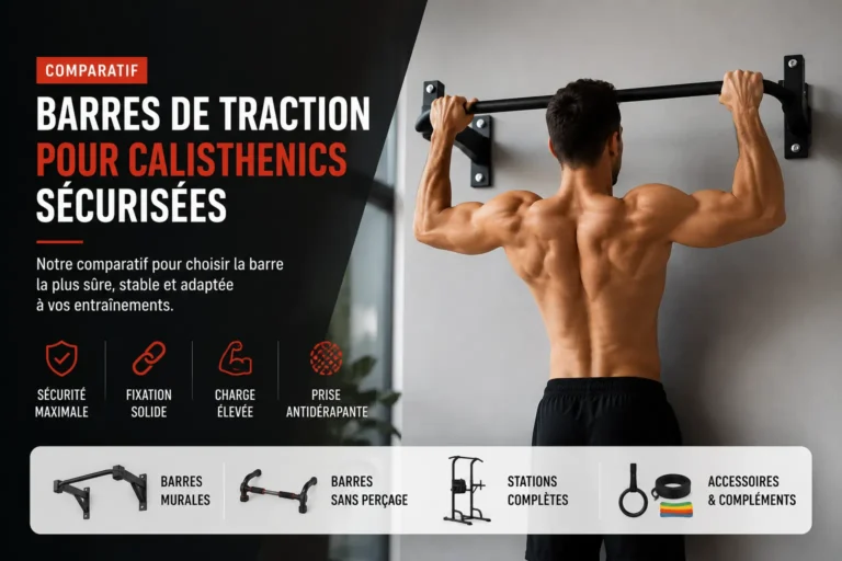 Athlète effectuant une traction sécurisée sur une barre de traction solide dans un intérieur domestique propre et lumineux, illustrant un équipement fiable pour le calisthenics à domicile.