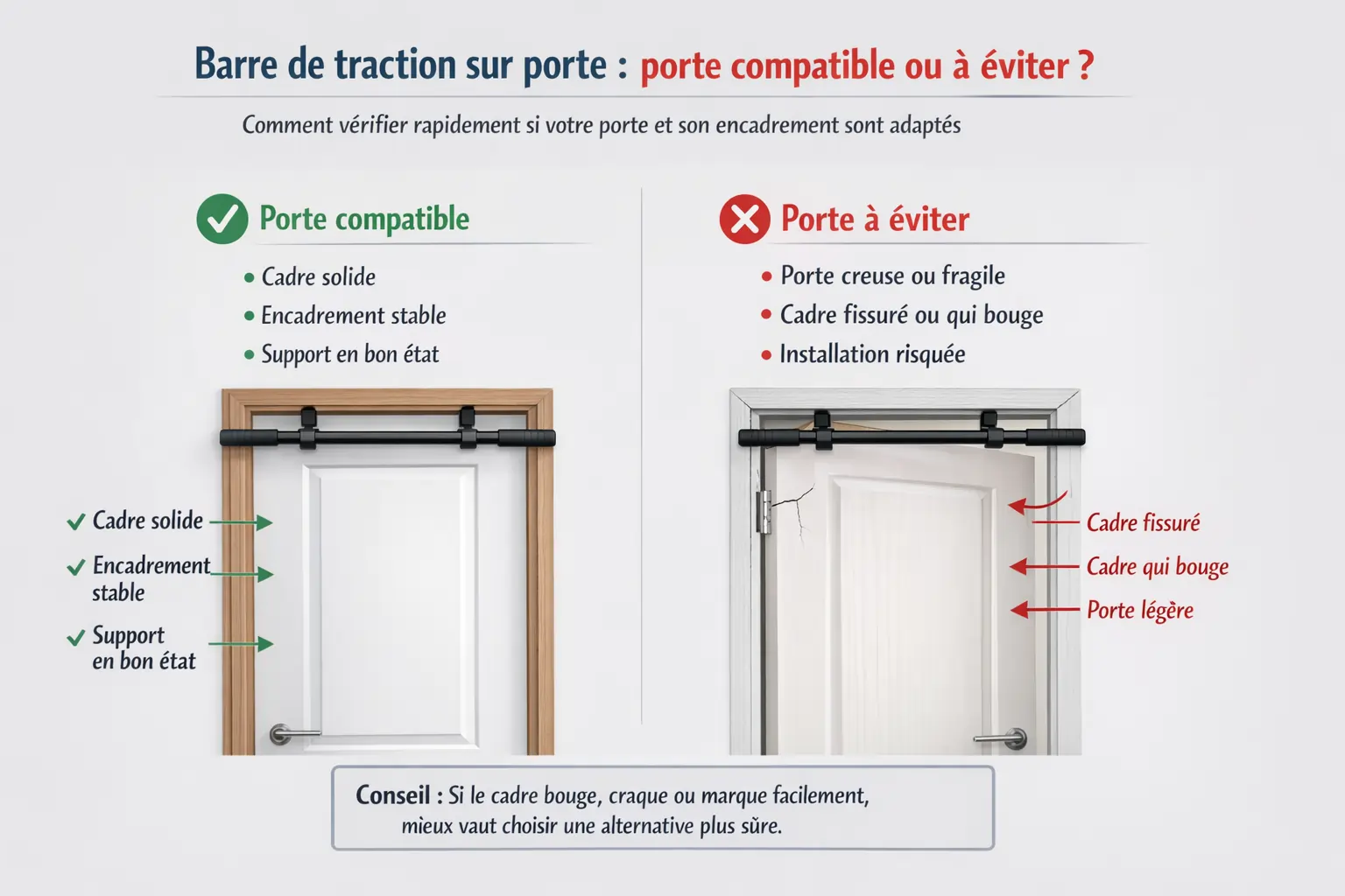 Barre de traction sur porte : comparaison entre une porte compatible et une porte à éviter