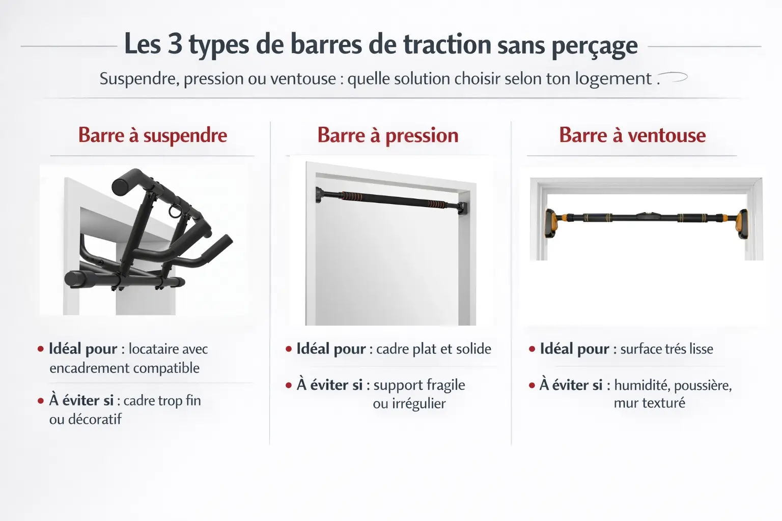 Les 3 types de barres de traction sans perçage : barre à suspendre, barre à pression et barre à ventouse