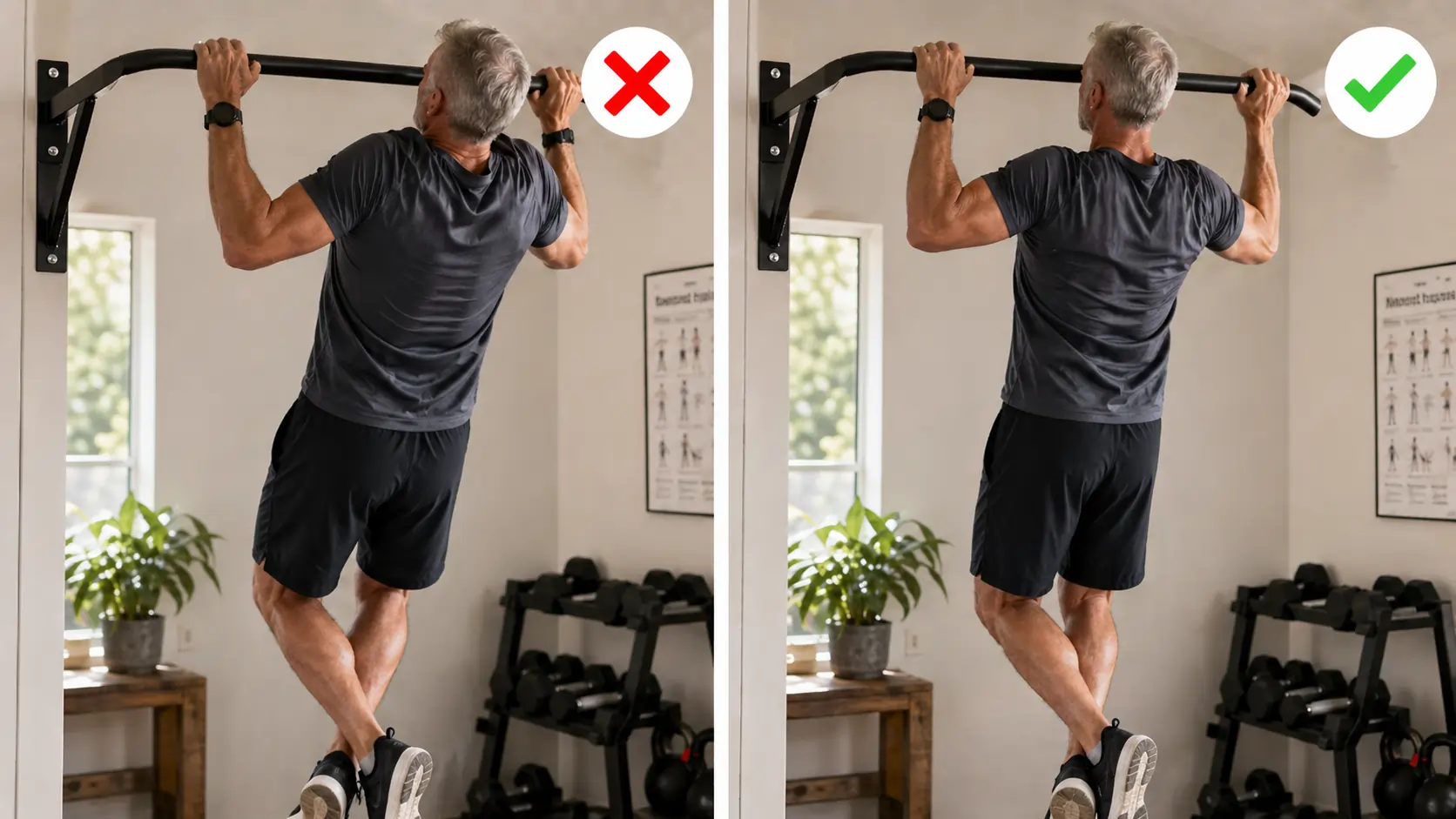 Bonne posture et mauvaise posture vues de dos pour faire des tractions après 50 ans