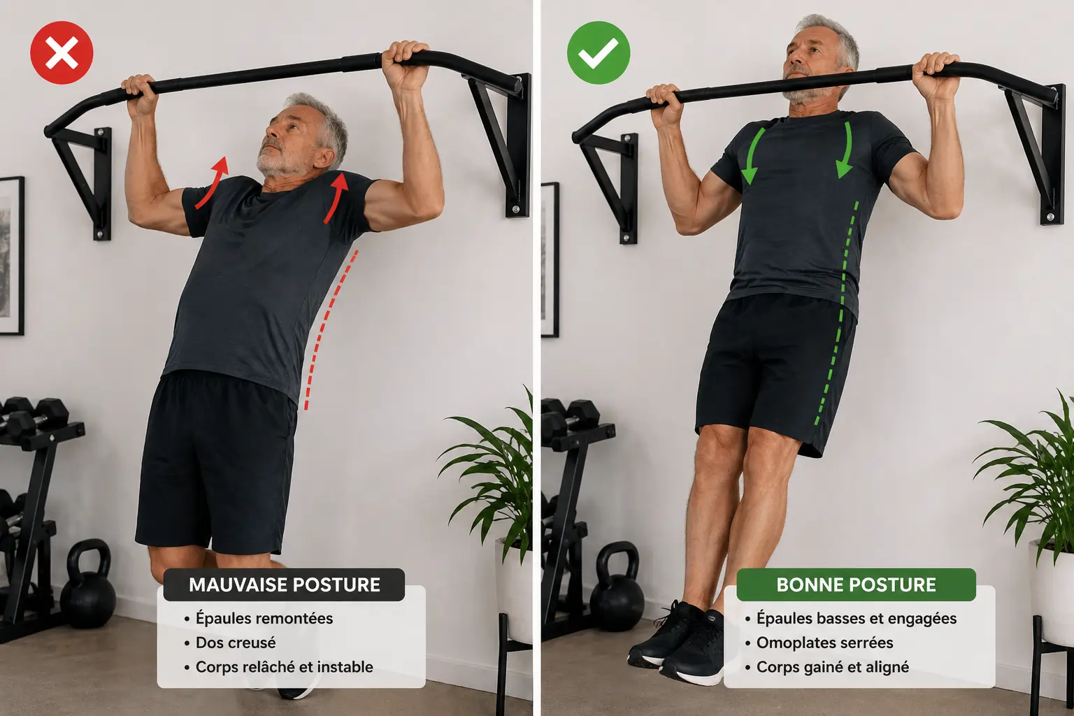 Comparaison entre mauvaise posture et bonne posture pour les tractions après 50 ans