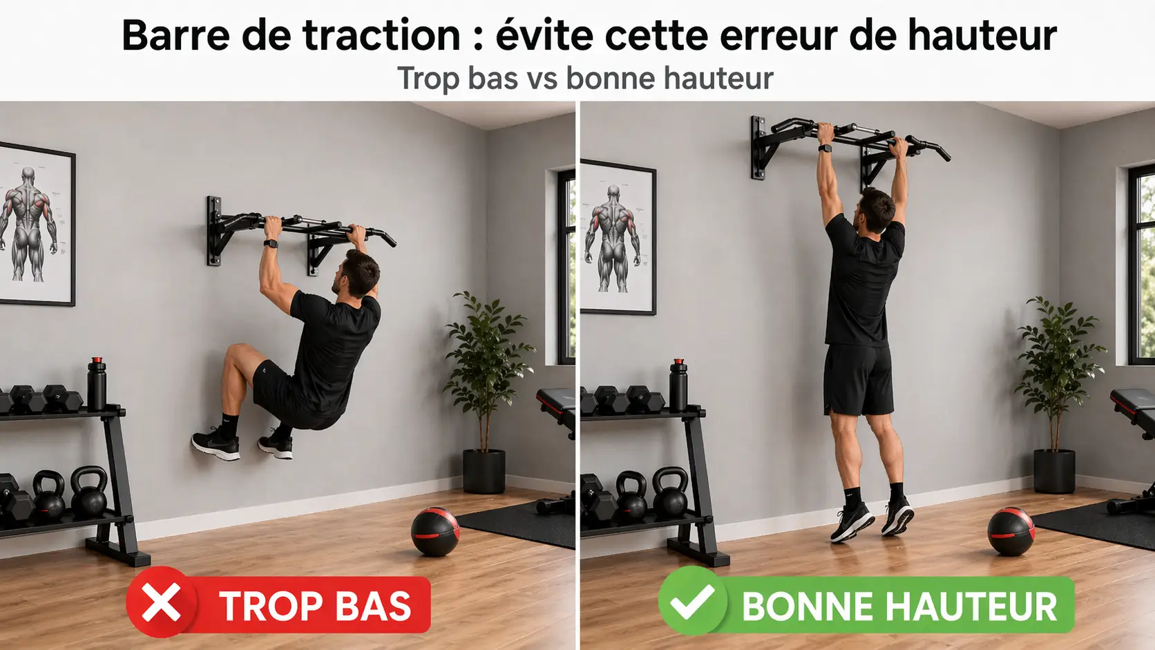 Comparatif entre une barre de traction fixée trop bas et une barre fixée à la bonne hauteur