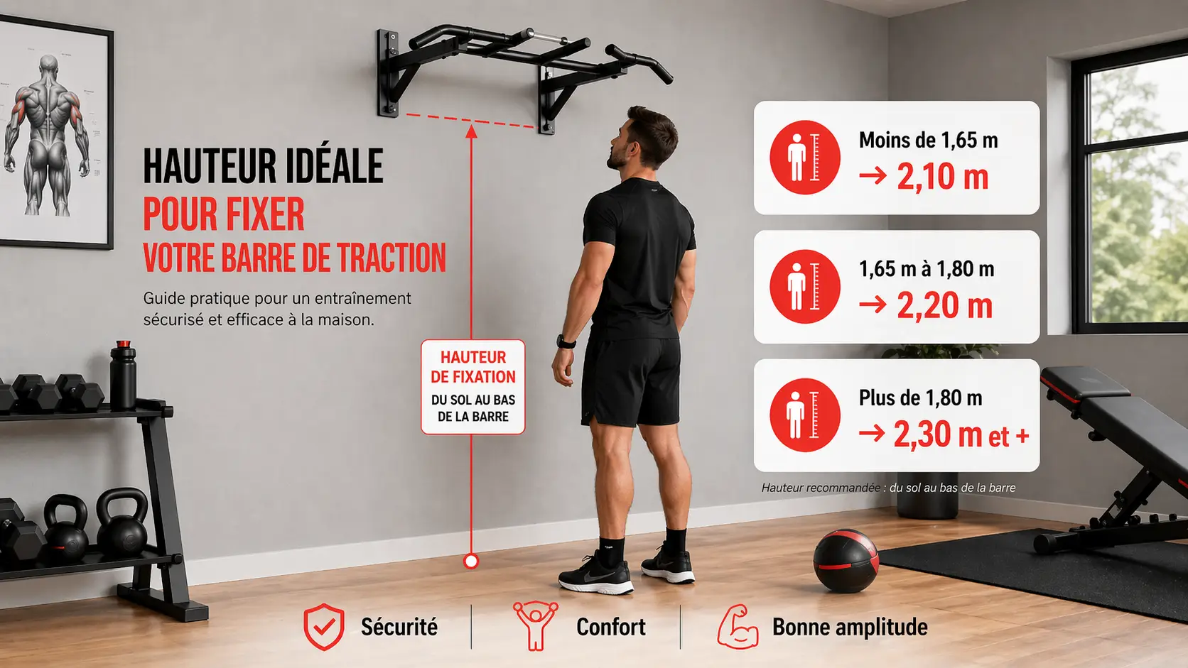 Hauteurs recommandées pour fixer une barre de traction selon la taille de l’utilisateur