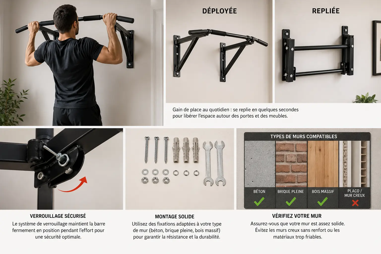 Guide d’installation d’une barre de traction murale pliable avec mécanisme de verrouillage et murs compatibles