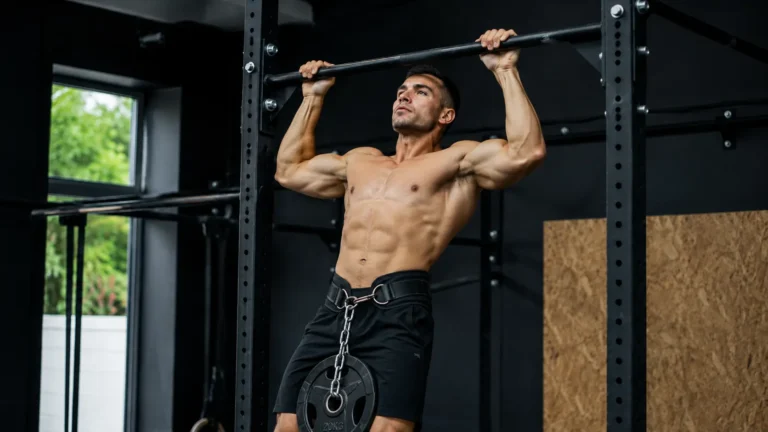 Homme faisant des tractions lestées avec un ceinture lestée