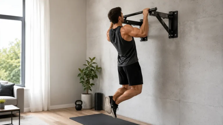 Homme faisant une traction sur une barre de traction murale pliable déployée