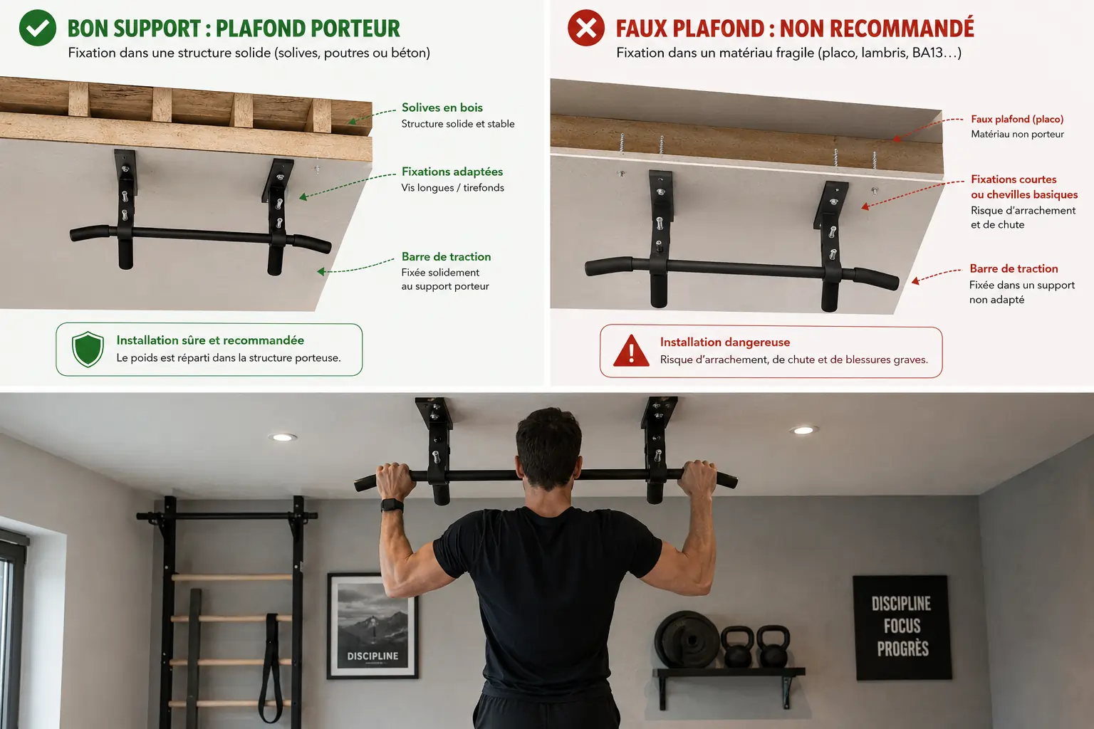 Barre de traction plafond fixée sur support porteur comparée à une fixation dangereuse sur faux plafond